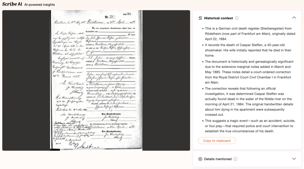 A handwritten German civil death register from 1884, documenting the death of Caspar Steffen, with official notes and signatures.