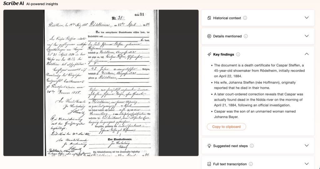 A scanned historical document with handwritten German text, alongside an analysis panel summarizing key findings and details from the document.