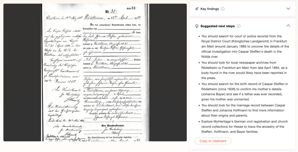 A scanned historical document written in German cursive script is shown beside typed English notes summarizing key findings and suggested next steps for genealogical research.