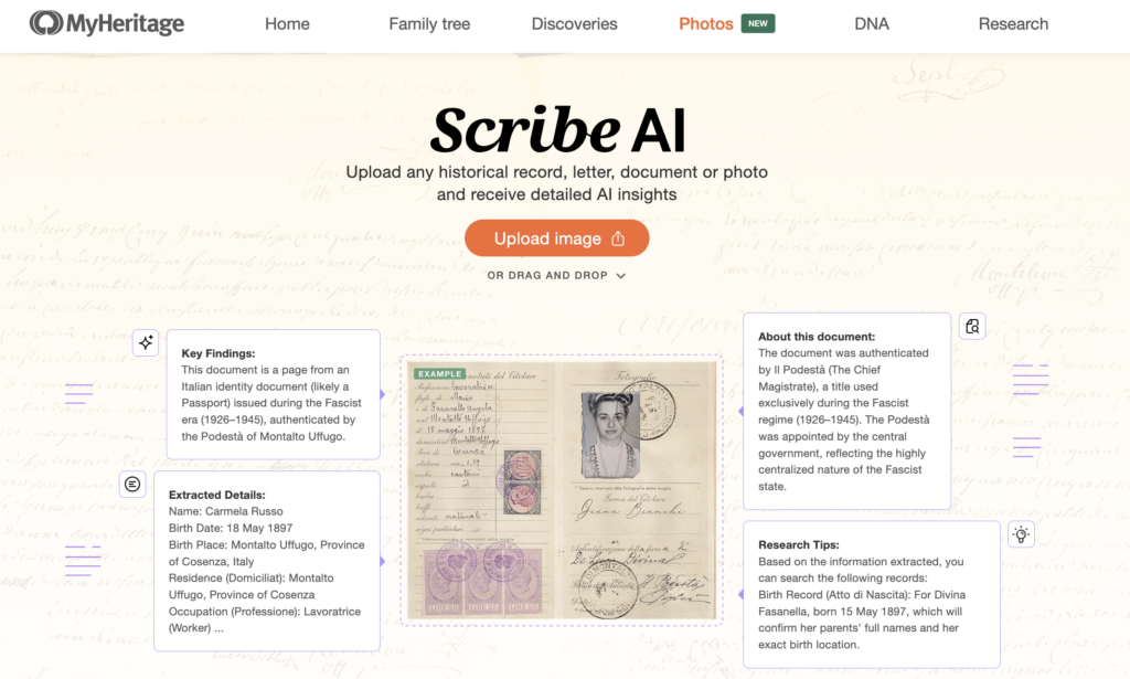 Screenshot of the MyHeritage Scribe AI page, showing an interface for uploading images to receive AI insights on historical records with example document details and research tips.