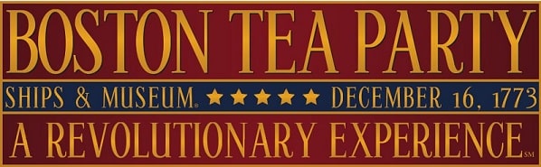 Banner for the Boston Tea Party Ships & Museum with the date December 16, 1773, and the tagline "A Revolutionary Experience" in gold text on a red background.