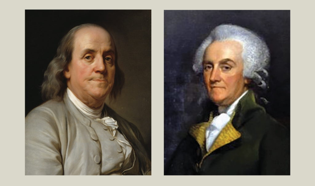 Side-by-side portraits of Benjamin Franklin and his adult son, William