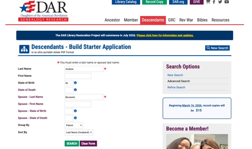 Screenshot of the DAR Genealogy Research Descendants search form, with fields for ancestor and spouse information, and options to search for records.