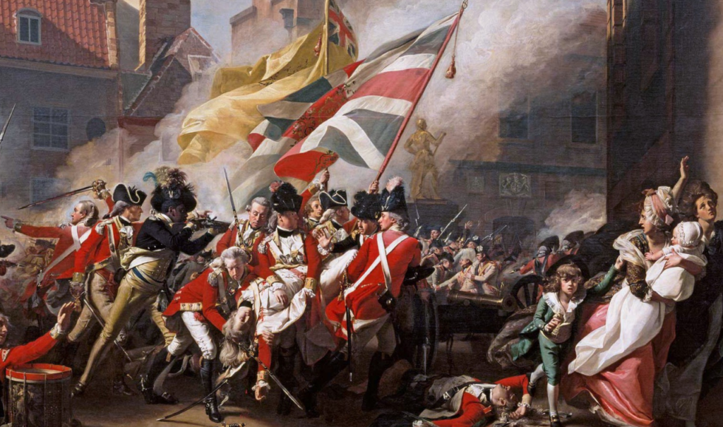 Painting of British soldiers waving Union flags in battle with French soldiers with frightened civilians in the foreground