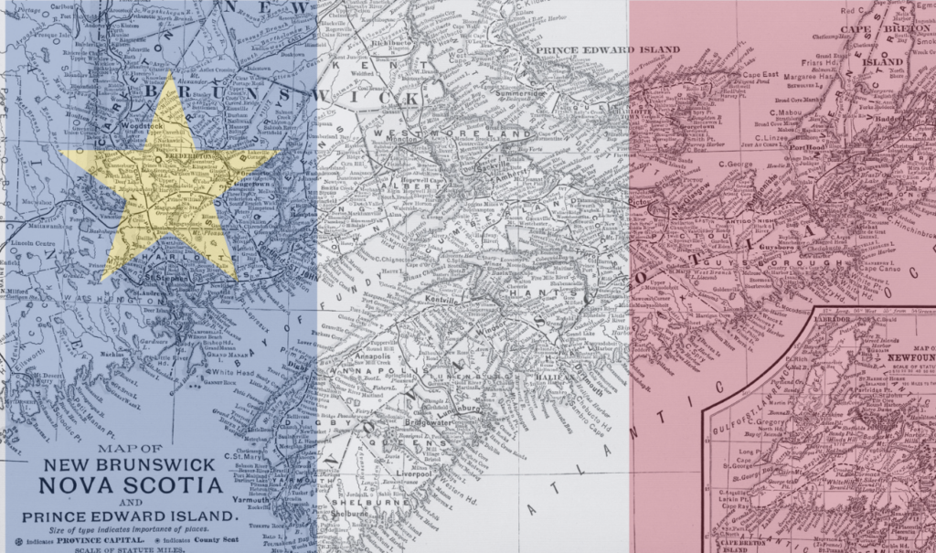 Map of New Brunswick, Nova Scotia, and Prince Edward Island overlaid with the Acadian flag colors—blue, white, red—and a yellow star on the blue stripe.