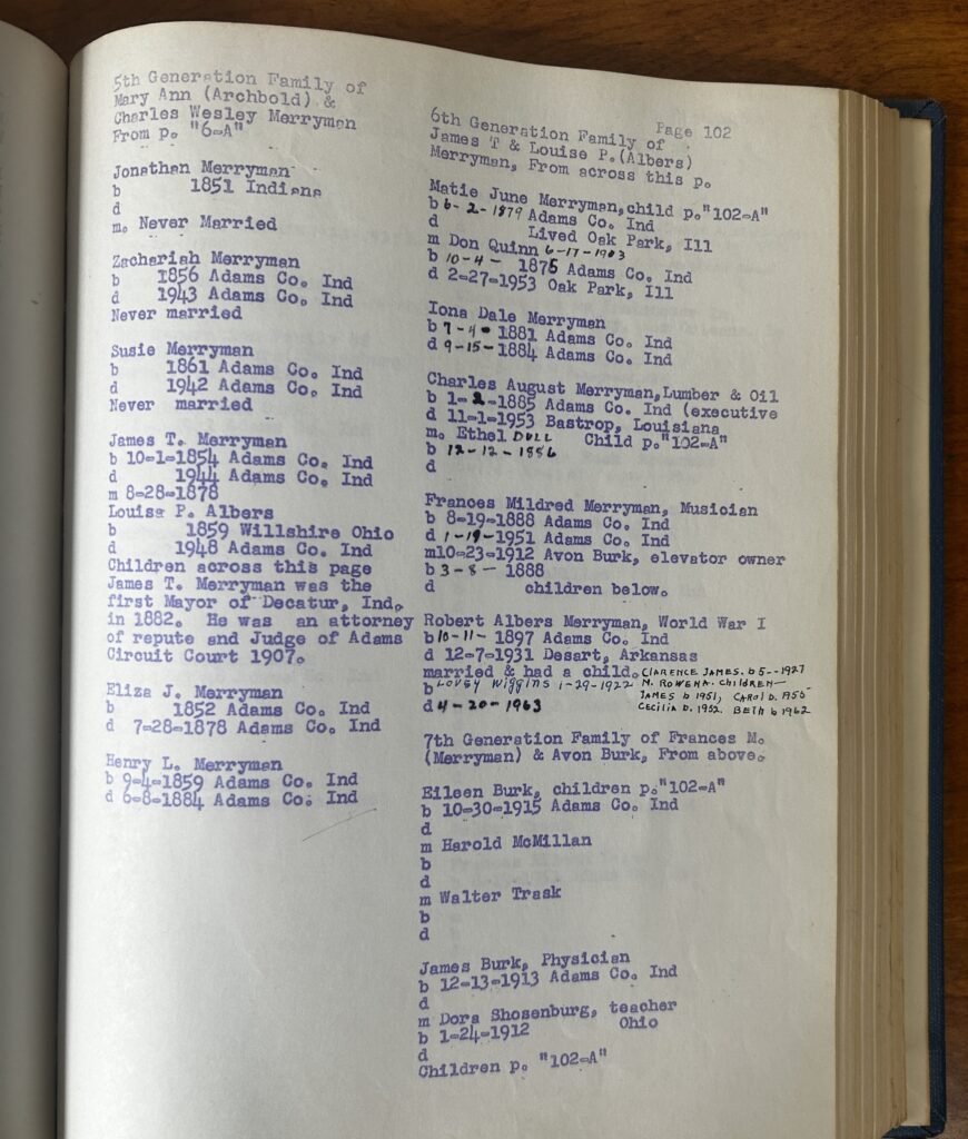 Typed genealogy record in a book showing several generations of the Merryman and related families, listing names, birth and death dates, locations, and some occupations.