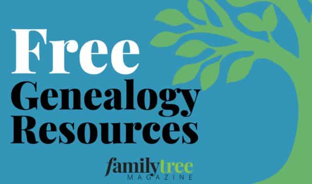 Text reads “Free Genealogy Resources” with “familytree MAGAZINE” below, next to a graphic of a green tree on a blue background.