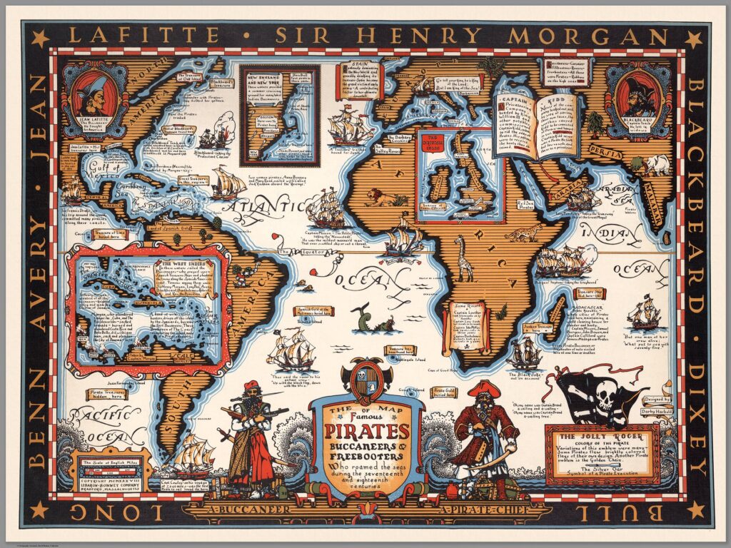 Illustrated map showing pirate locations and routes across the world, featuring portraits, ships, and text about famous pirates and their exploits on different oceans and coastlines.