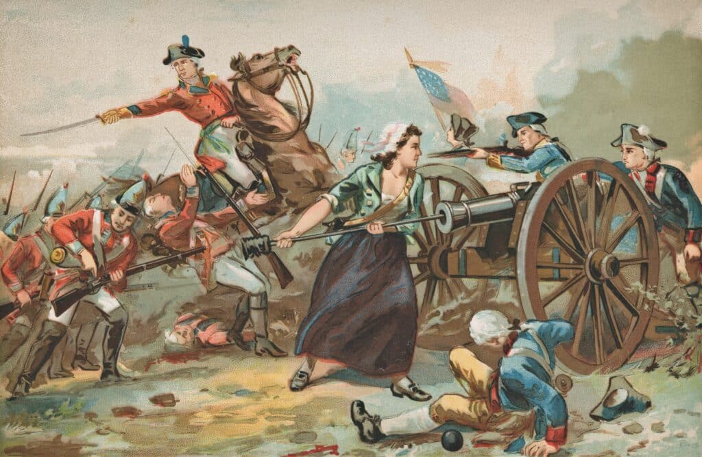 Historical illustration of a Revolutionary War battle showing a woman (meant to be Molly Pitcher) stoking a cannon